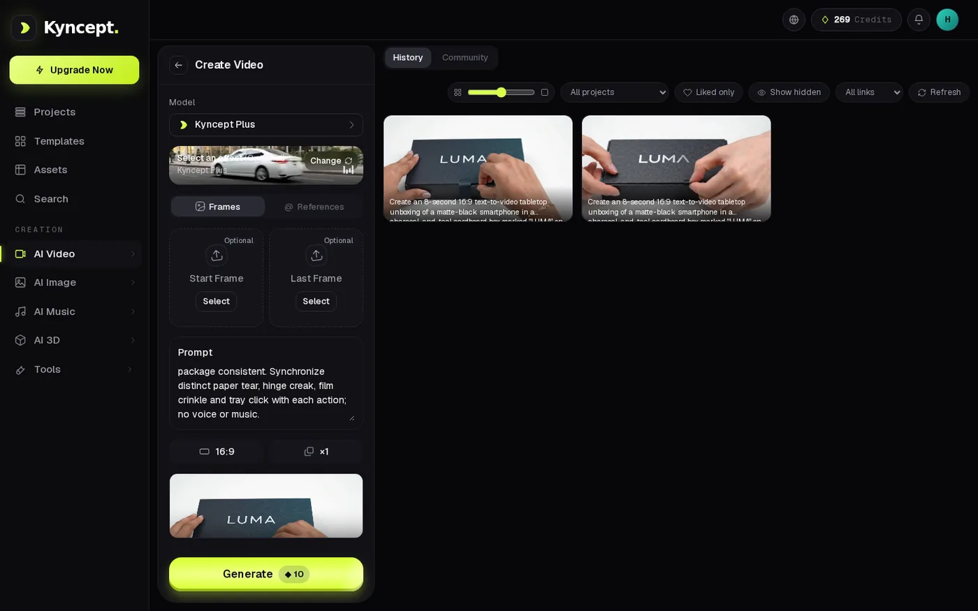 Kyncept second video result in the project view