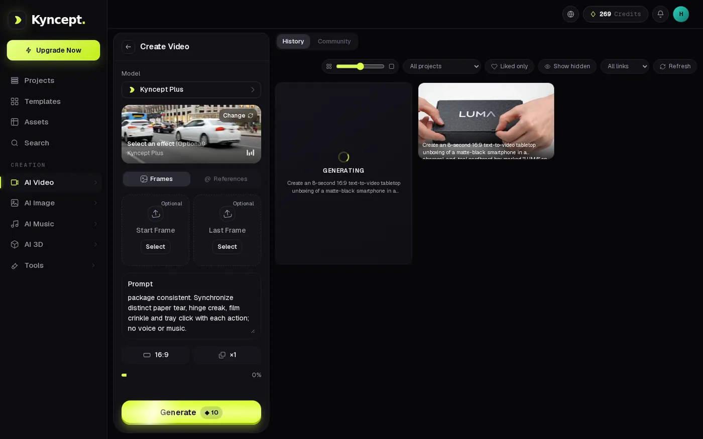Kyncept second video generating in the UI